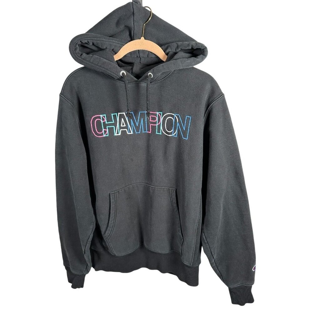 Vintage Champion Reverse Weave Hoodie Medium Spellout Logo Black Pullover